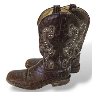 Ferrini Alligator Leather Western Boots Chocolate Brown Cowboy Square Toe Work 9